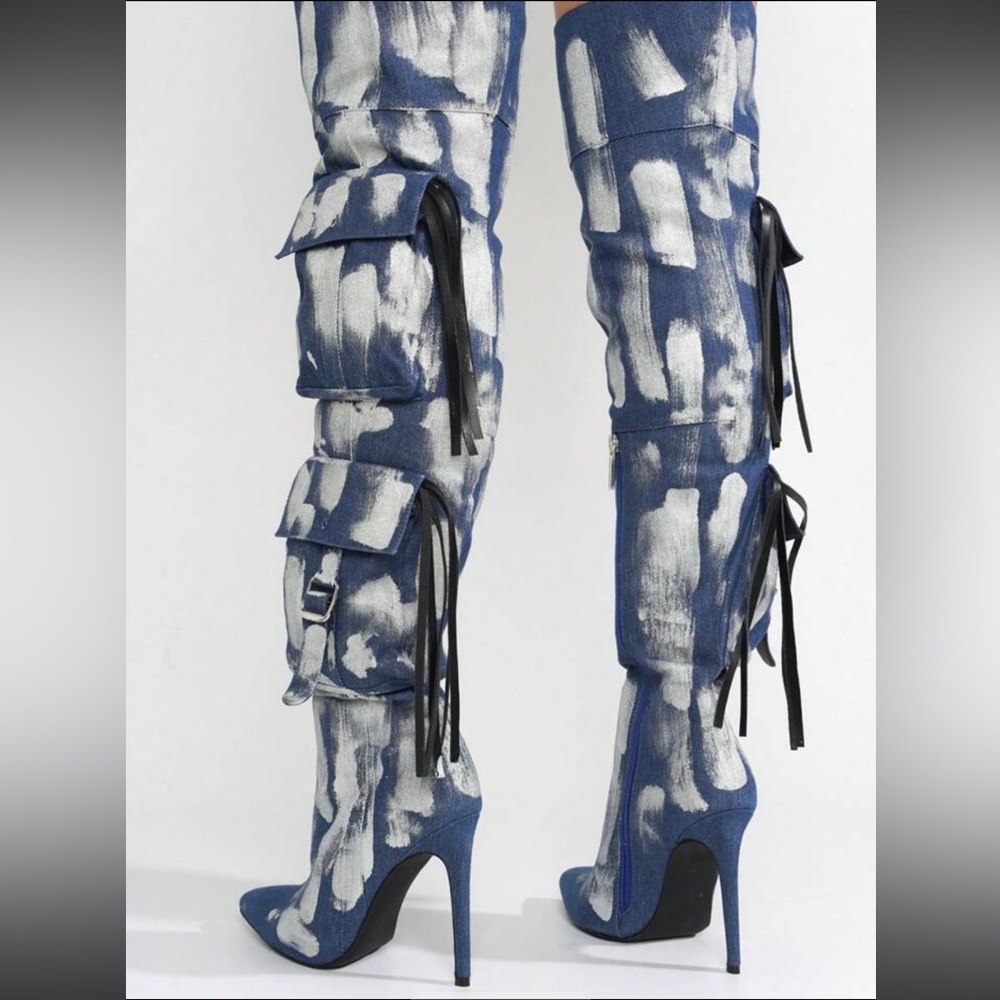 •CAPE ROBBIN• “Detroit” Thigh-High Denim Metallic Cargo Boots - Silver // NIB - Picture 3 of 16